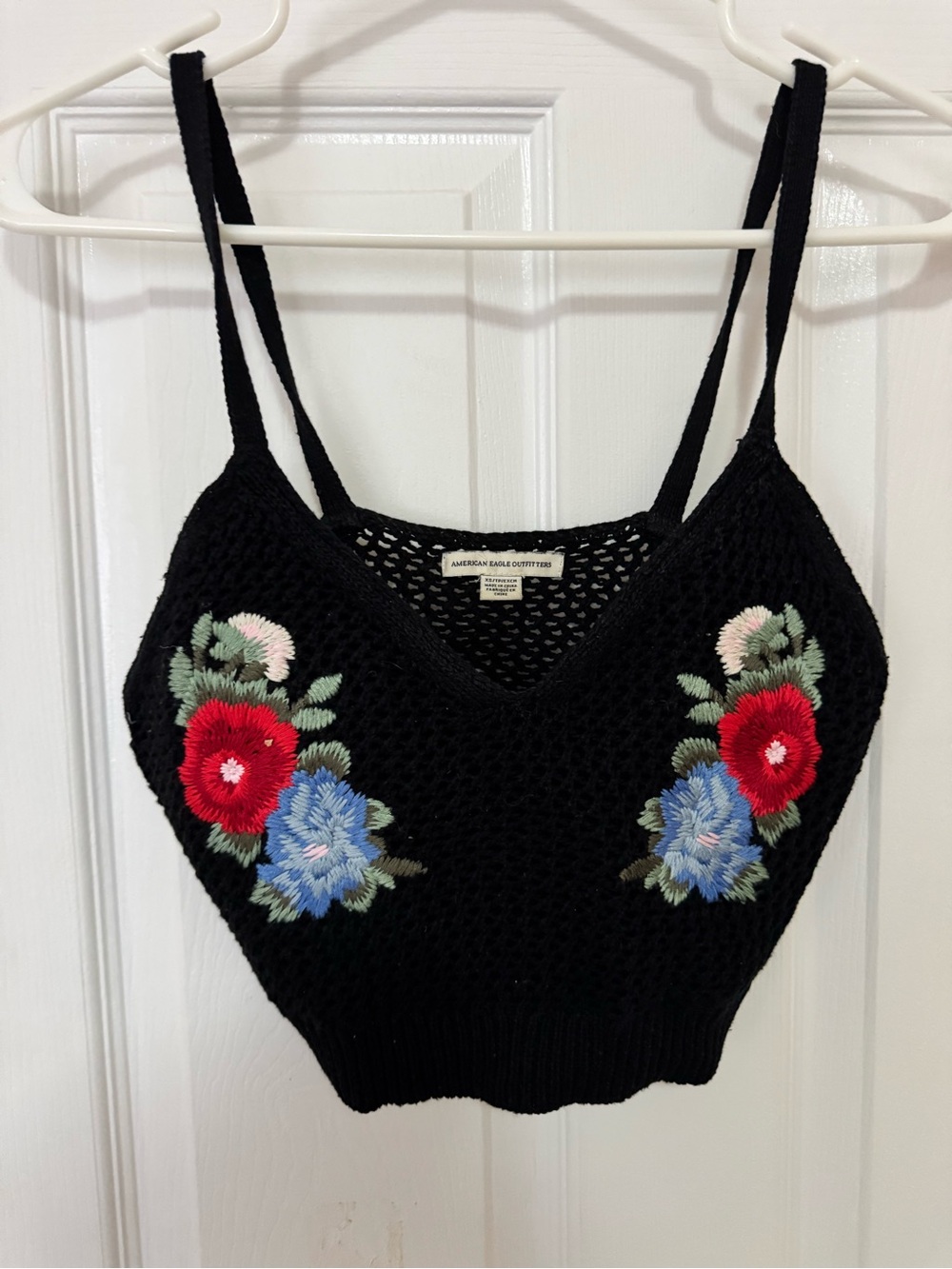 American Eagle Black Cropped Knit Tank with Floral Embroidery